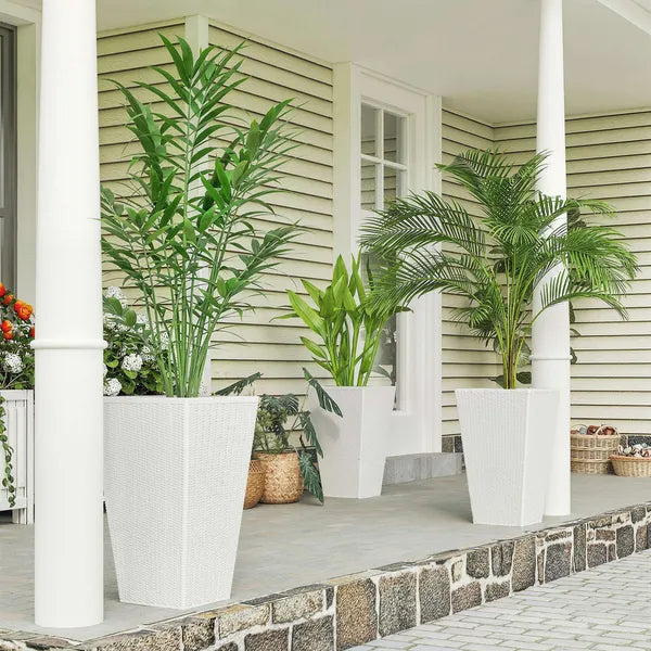 Outsunny Tall Planters for Outdoor Plants Set of 3, 24 In Taper Planters with Drainage Holes, Rattan Decor Plant Pots, White - product image 2