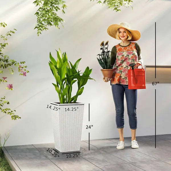 Outsunny Tall Planters for Outdoor Plants Set of 3, 24 In Taper Planters with Drainage Holes, Rattan Decor Plant Pots, White - product image 3