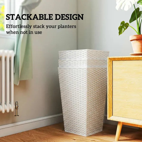 Outsunny Tall Planters for Outdoor Plants Set of 3, 24 In Taper Planters with Drainage Holes, Rattan Decor Plant Pots, White - product image 7