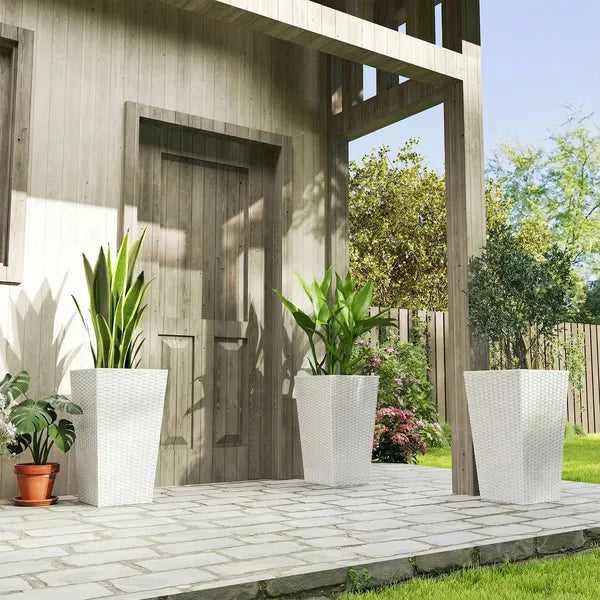 Outsunny Tall Planters for Outdoor Plants Set of 3, 24 In Taper Planters with Drainage Holes, Rattan Decor Plant Pots, White - product image 10