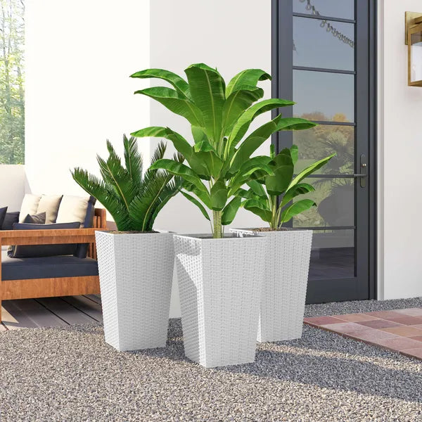 Outsunny Tall Planters for Outdoor Plants Set of 3, 24 In Taper Planters with Drainage Holes, Rattan Decor Plant Pots, White - product image 8