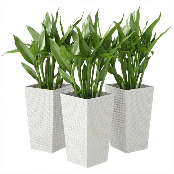Outsunny Tall Planters for Outdoor Plants Set of 3, 24 In Taper Planters with Drainage Holes, Rattan Decor Plant Pots, White - product image 1