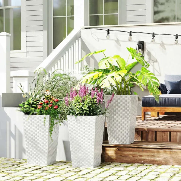 Outsunny Tall Planters for Outdoor Plants Set of 3, 24 In Taper Planters with Drainage Holes, Rattan Decor Plant Pots, White - product image 9