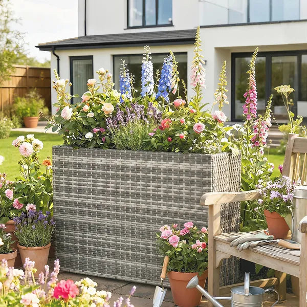 Tall Rectangular Planter with Removable Liner, Holes, PE Wicker Large Planter Box for Indoor Outdoor Plants, Gray - product image 9