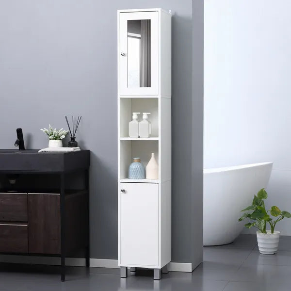 Tall White Bathroom Storage Cabinet 71" Wooden Freestanding Tower Adjustable Shelves Mirror Living Room Organizer - product image 2