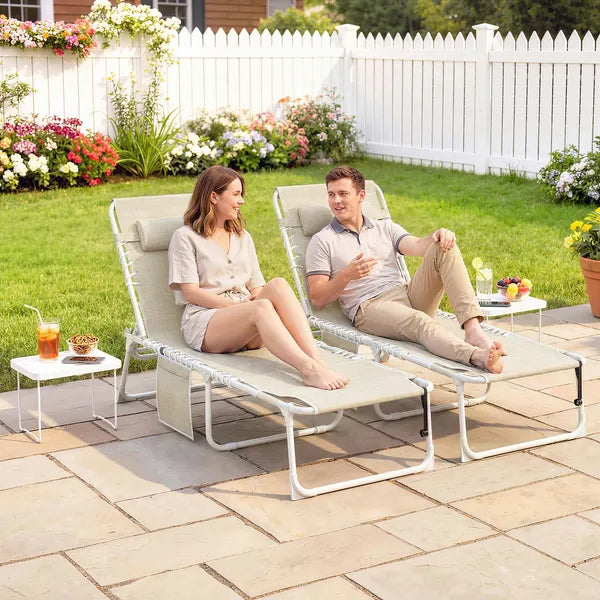 Tanning Chair Set of 2 with Face Hole and Side Table, 5-Position Folding Outdoor Chaise Lounge Chair, Beige - product image 2