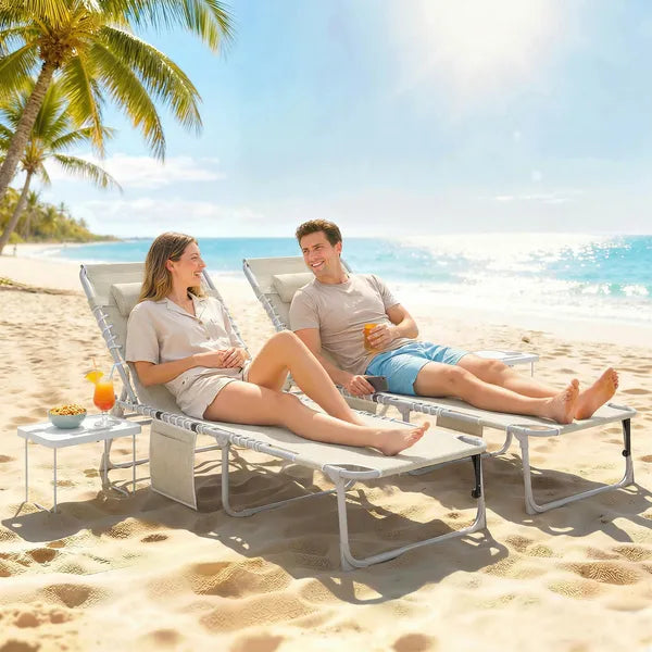 Tanning Chair Set of 2 with Face Hole and Side Table, 5-Position Folding Outdoor Chaise Lounge Chair, Beige - product image 10