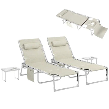 Tanning Chair Set of 2 with Face Hole and Side Table, 5-Position Folding Outdoor Chaise Lounge Chair, Beige - product image 1