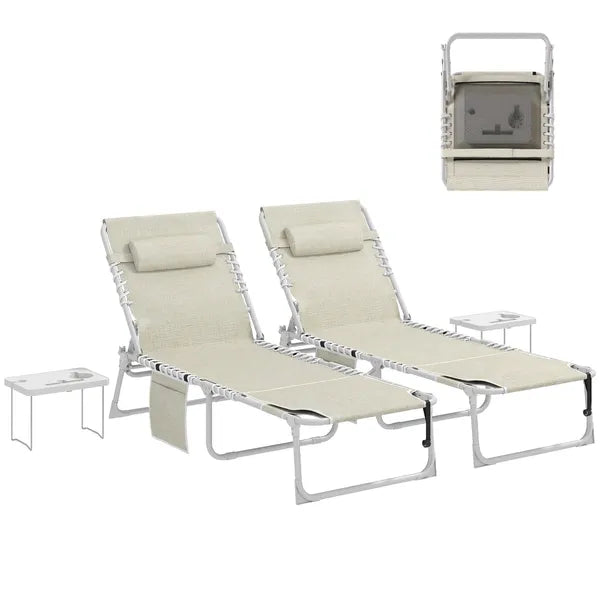Tanning Chair Set of 2 with Face Hole and Side Table, 5-Position Folding Outdoor Chaise Lounge Chair, Beige - product image 11