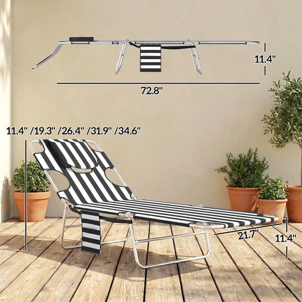 Tanning Chair with Face Hole, 5-Level Adjustable Outdoor Chaise Lounge Chair with Pillow for Beach, Pool, Black Stripe - product image 3