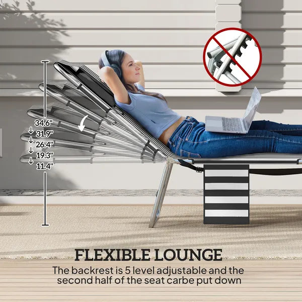 Tanning Chair with Face Hole, 5-Level Adjustable Outdoor Chaise Lounge Chair with Pillow for Beach, Pool, Black Stripe - product image 4