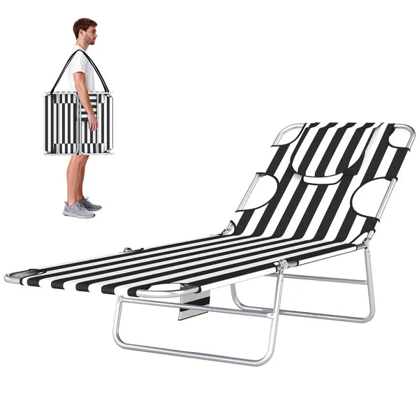 Tanning Chair with Face Hole, 5-Level Adjustable Outdoor Chaise Lounge Chair with Pillow for Beach, Pool, Black Stripe - product image 1