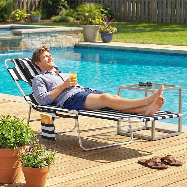 Tanning Chair with Face Hole, 5-Level Adjustable Outdoor Chaise Lounge Chair with Pillow for Beach, Pool, Black Stripe - product image 8