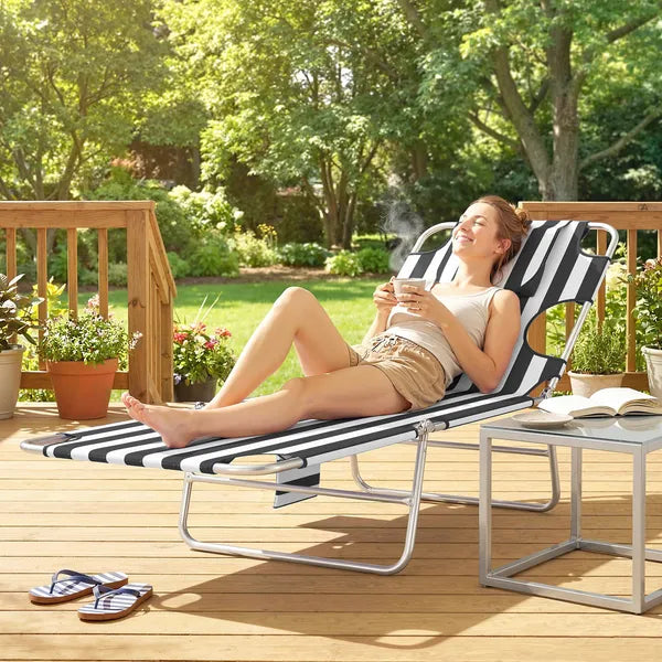 Tanning Chair with Face Hole, 5-Level Adjustable Outdoor Chaise Lounge Chair with Pillow for Beach, Pool, Black Stripe - product image 9