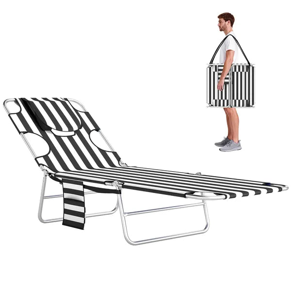Tanning Chair with Face Hole, 5-Level Adjustable Outdoor Chaise Lounge Chair with Pillow for Beach, Pool, Black Stripe - product image 11