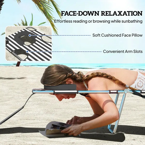 Tanning Chair with Face Hole, 5-Level Adjustable Outdoor Chaise Lounge Chair with Pillow for Beach, Pool, Black Stripe - product image 5