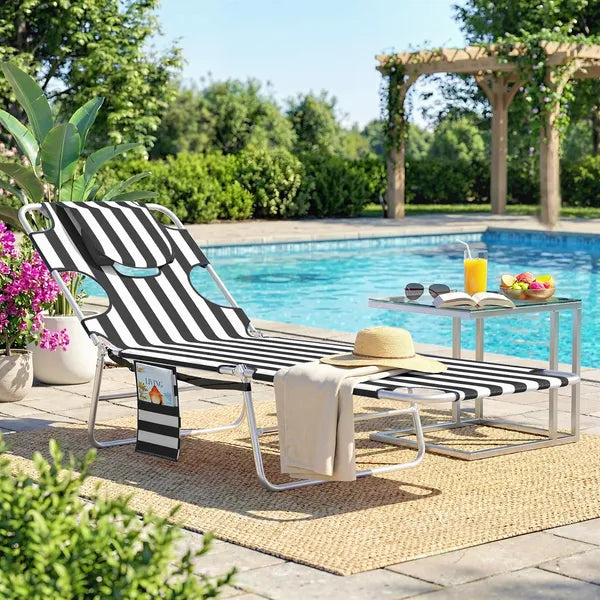 Tanning Chair with Face Hole, 5-Level Adjustable Outdoor Chaise Lounge Chair with Pillow for Beach, Pool, Black Stripe - product image 2