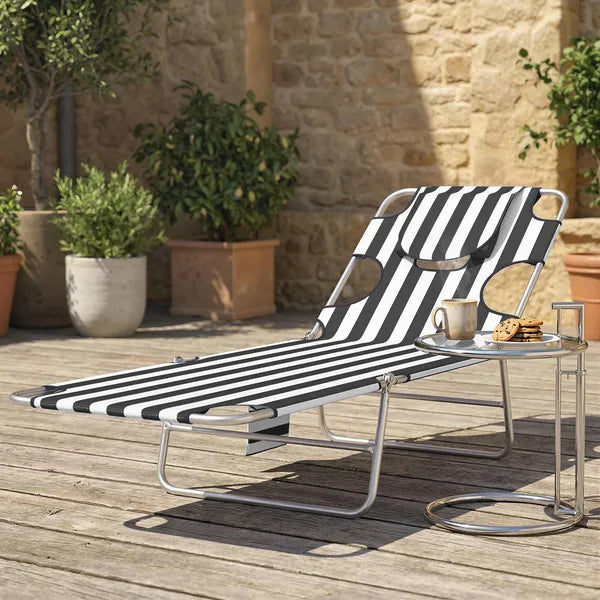 Tanning Chair with Face Hole, 5-Level Adjustable Outdoor Chaise Lounge Chair with Pillow for Beach, Pool, Black Stripe - product image 10