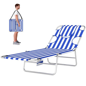 Tanning Chair with Face Hole, 5-Level Adjustable Outdoor Chaise Lounge Chair with Pillow for Beach, Pool, Blue Stripes - product image 1