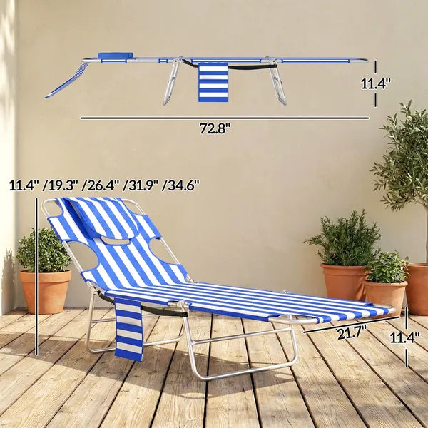 Tanning Chair with Face Hole, 5-Level Adjustable Outdoor Chaise Lounge Chair with Pillow for Beach, Pool, Blue Stripes - product image 3