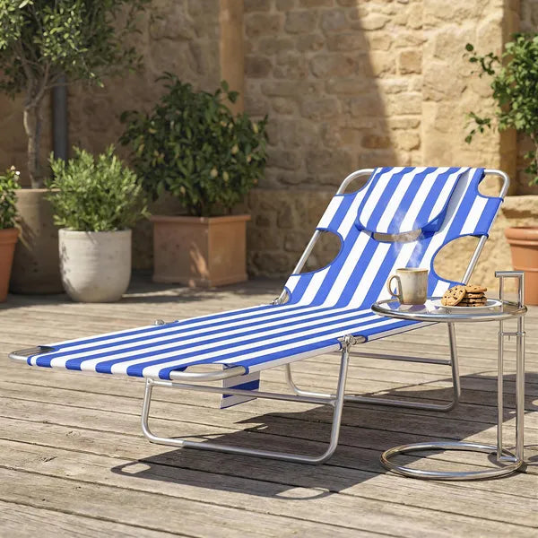 Tanning Chair with Face Hole, 5-Level Adjustable Outdoor Chaise Lounge Chair with Pillow for Beach, Pool, Blue Stripes - product image 10
