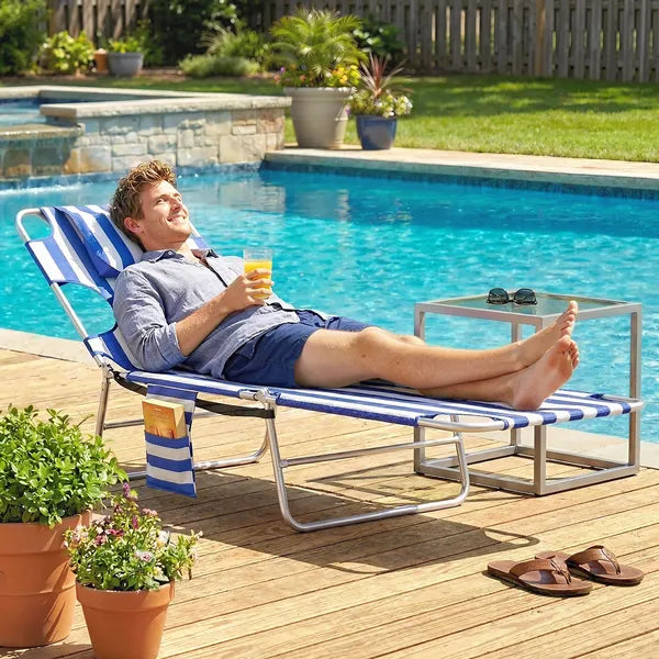 Tanning Chair with Face Hole, 5-Level Adjustable Outdoor Chaise Lounge Chair with Pillow for Beach, Pool, Blue Stripes - product image 8
