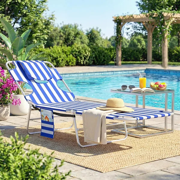 Tanning Chair with Face Hole, 5-Level Adjustable Outdoor Chaise Lounge Chair with Pillow for Beach, Pool, Blue Stripes - product image 2