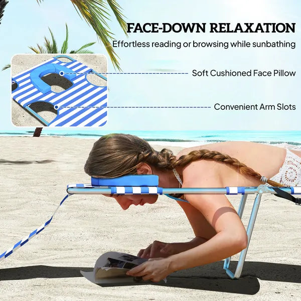 Tanning Chair with Face Hole, 5-Level Adjustable Outdoor Chaise Lounge Chair with Pillow for Beach, Pool, Blue Stripes - product image 5