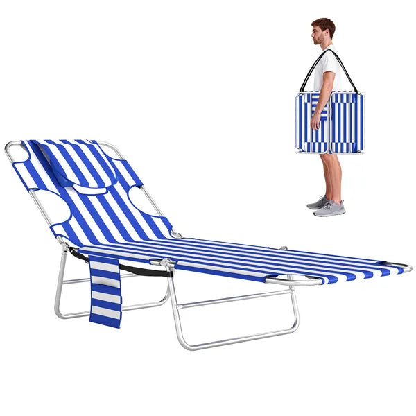 Tanning Chair with Face Hole, 5-Level Adjustable Outdoor Chaise Lounge Chair with Pillow for Beach, Pool, Blue Stripes - product image 11