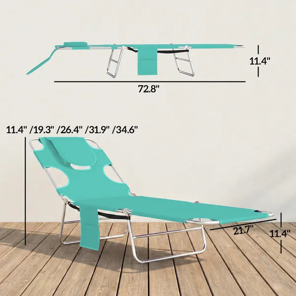 Outsunny Tanning Chair with Face Hole, 5-Level Adjustable Outdoor Chaise Lounge Chair with Pillow for Beach, Pool, Light Green - product image 3