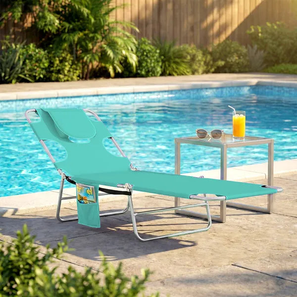 Outsunny Tanning Chair with Face Hole, 5-Level Adjustable Outdoor Chaise Lounge Chair with Pillow for Beach, Pool, Light Green - product image 2