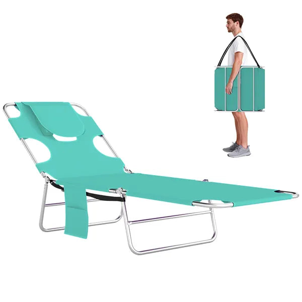 Outsunny Tanning Chair with Face Hole, 5-Level Adjustable Outdoor Chaise Lounge Chair with Pillow for Beach, Pool, Light Green - product image 11