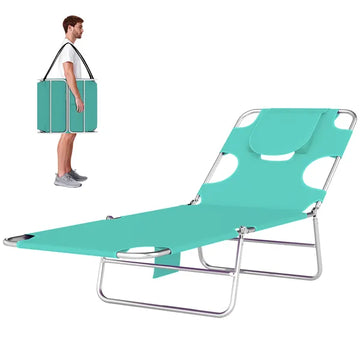 Outsunny Tanning Chair with Face Hole, 5-Level Adjustable Outdoor Chaise Lounge Chair with Pillow for Beach, Pool, Light Green - product image 1