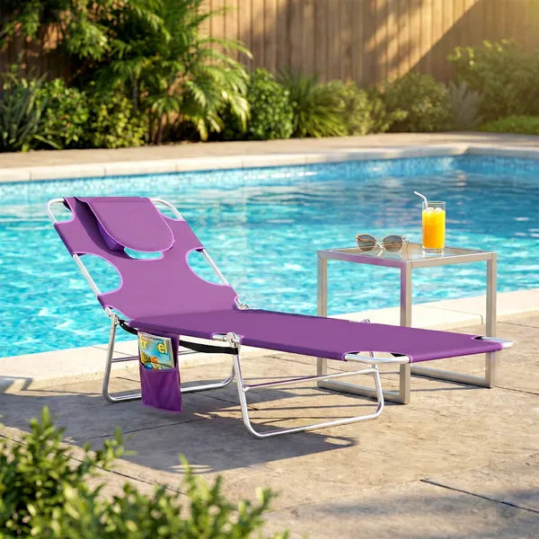 Outsunny Tanning Chair with Face Hole, 5-Level Adjustable Outdoor Chaise Lounge Chair with Pillow for Beach, Pool, Purple - product image 2