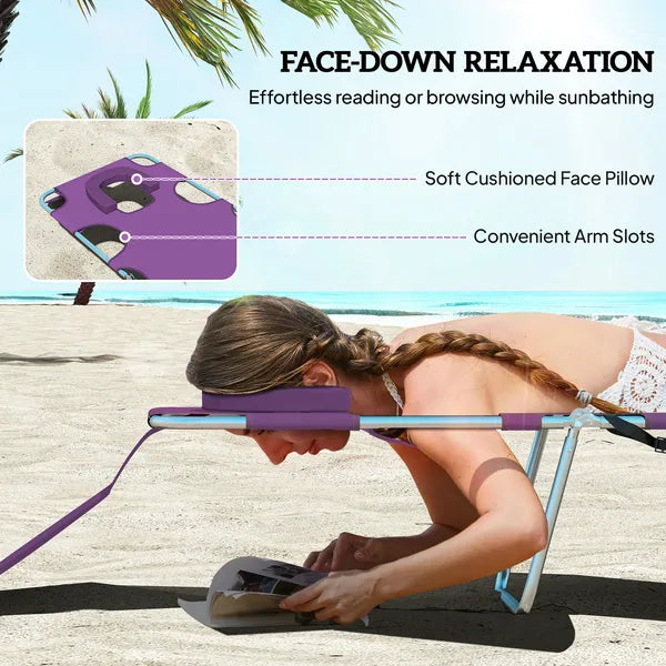 Outsunny Tanning Chair with Face Hole, 5-Level Adjustable Outdoor Chaise Lounge Chair with Pillow for Beach, Pool, Purple - product image 5