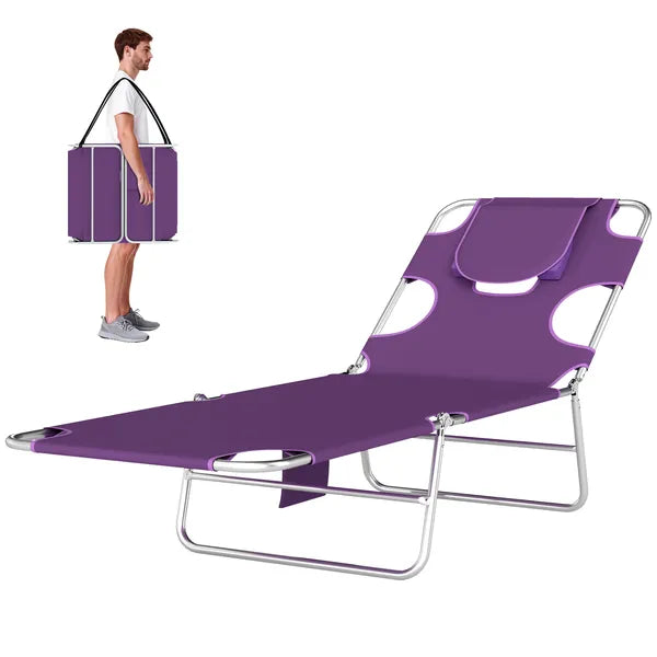 Outsunny Tanning Chair with Face Hole, 5-Level Adjustable Outdoor Chaise Lounge Chair with Pillow for Beach, Pool, Purple - product image 1