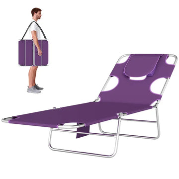 Outsunny Tanning Chair with Face Hole, 5-Level Adjustable Outdoor Chaise Lounge Chair with Pillow for Beach, Pool, Purple - product image 1