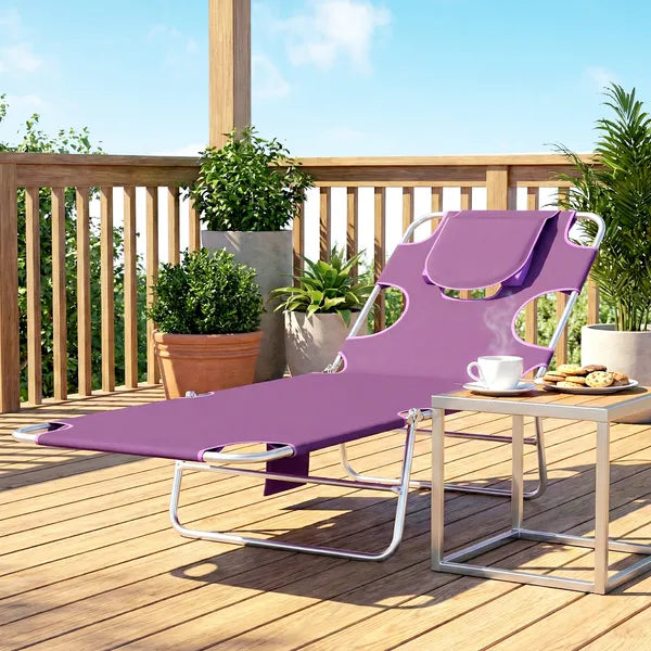 Outsunny Tanning Chair with Face Hole, 5-Level Adjustable Outdoor Chaise Lounge Chair with Pillow for Beach, Pool, Purple - product image 10