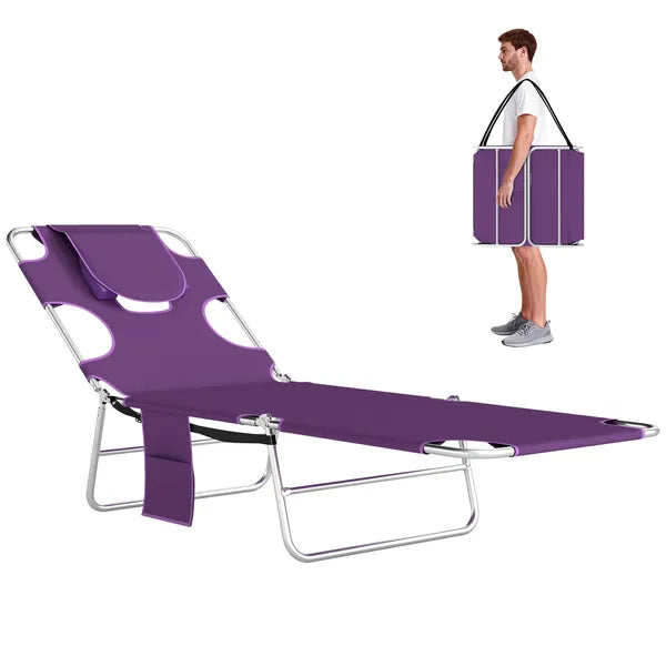 Outsunny Tanning Chair with Face Hole, 5-Level Adjustable Outdoor Chaise Lounge Chair with Pillow for Beach, Pool, Purple - product image 11