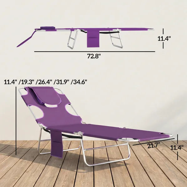 Outsunny Tanning Chair with Face Hole, 5-Level Adjustable Outdoor Chaise Lounge Chair with Pillow for Beach, Pool, Purple - product image 3