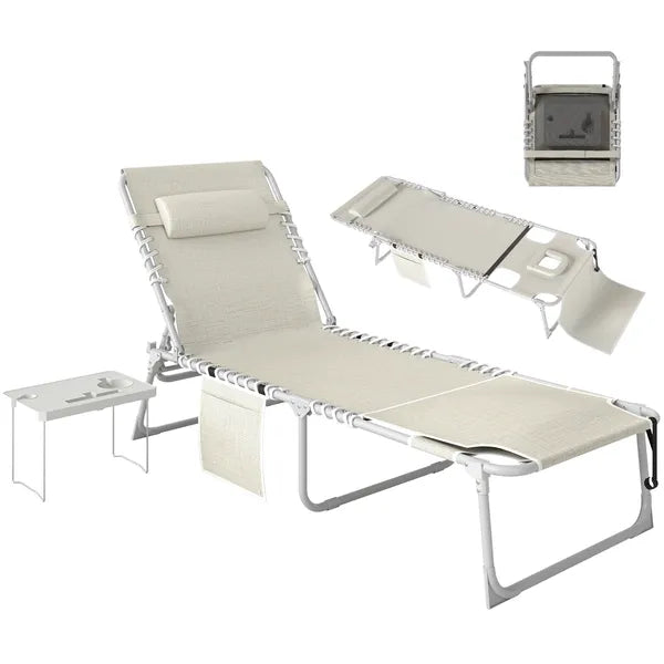 Outsunny Tanning Chair with Face Hole and Side Table, 5-Position Folding Outdoor Chaise Lounge Chair, Beige - product image 11