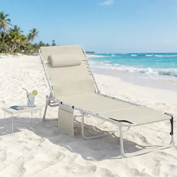Outsunny Tanning Chair with Face Hole and Side Table, 5-Position Folding Outdoor Chaise Lounge Chair, Beige - product image 10