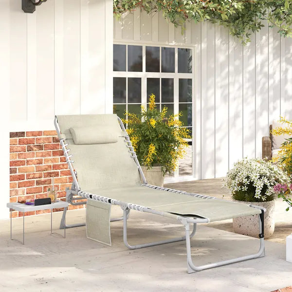 Outsunny Tanning Chair with Face Hole and Side Table, 5-Position Folding Outdoor Chaise Lounge Chair, Beige - product image 2