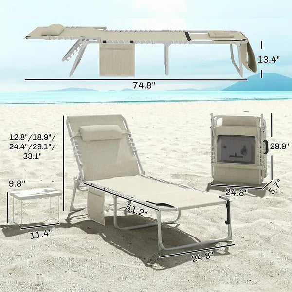 Outsunny Tanning Chair with Face Hole and Side Table, 5-Position Folding Outdoor Chaise Lounge Chair, Beige - product image 3