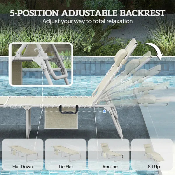 Outsunny Tanning Chair with Face Hole and Side Table, 5-Position Folding Outdoor Chaise Lounge Chair, Beige - product image 6