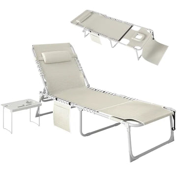 Outsunny Tanning Chair with Face Hole and Side Table, 5-Position Folding Outdoor Chaise Lounge Chair, Beige - product image 1