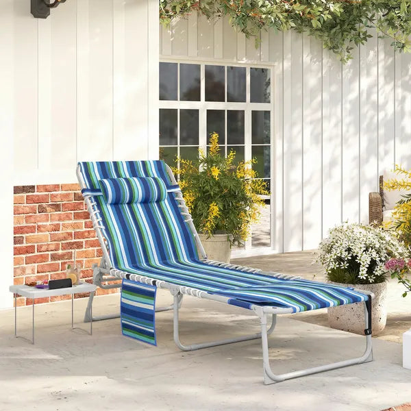 Outsunny Tanning Chair with Face Hole and Side Table, 5-Position Folding Outdoor Chaise Lounge Chair, Blue Stripe - product image 2