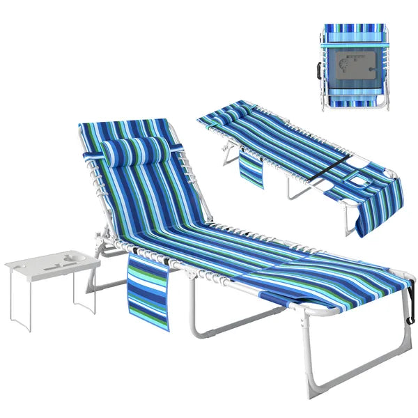 Outsunny Tanning Chair with Face Hole and Side Table, 5-Position Folding Outdoor Chaise Lounge Chair, Blue Stripe - product image 11