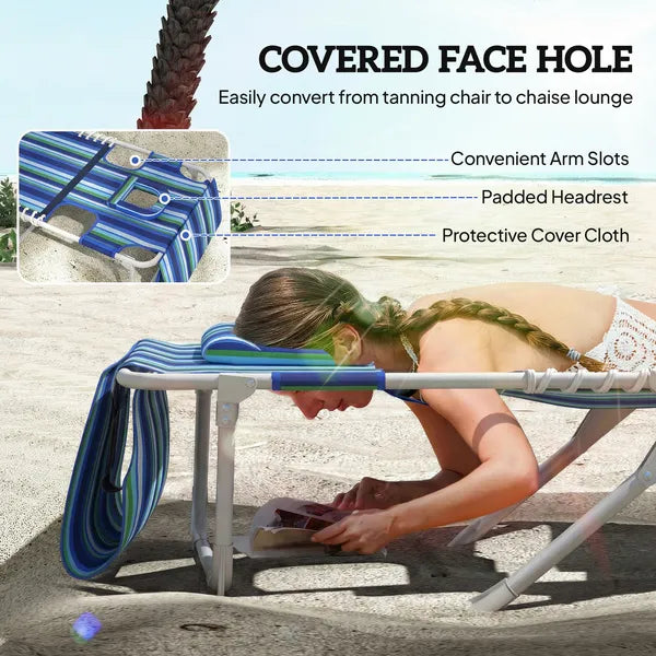 Outsunny Tanning Chair with Face Hole and Side Table, 5-Position Folding Outdoor Chaise Lounge Chair, Blue Stripe - product image 5