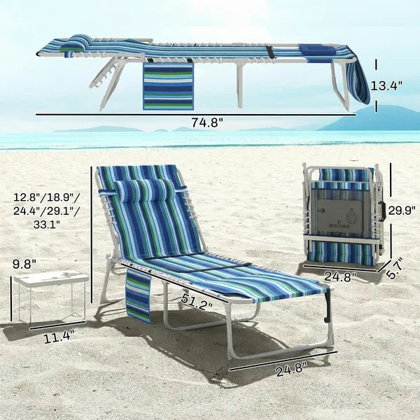 Outsunny Tanning Chair with Face Hole and Side Table, 5-Position Folding Outdoor Chaise Lounge Chair, Blue Stripe - product image 3